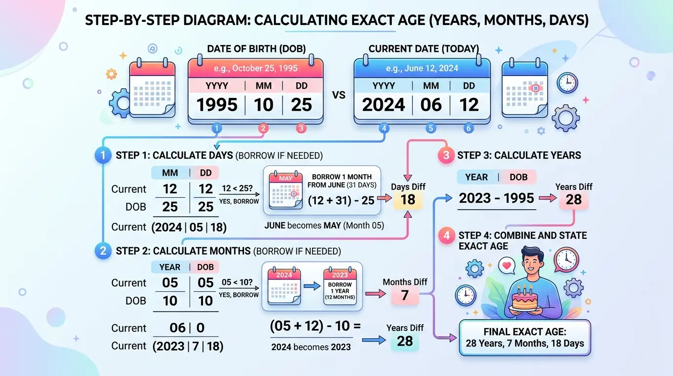 Step-by-step diagram showing how to calculate exact age in years, months, and days from a date of birth, with a calendar and numbered breakdown