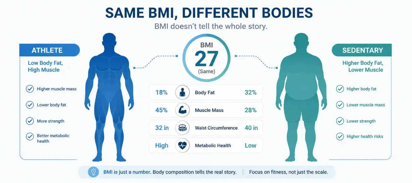 Comparison chart showing BMI vs body fat percentage for different body types