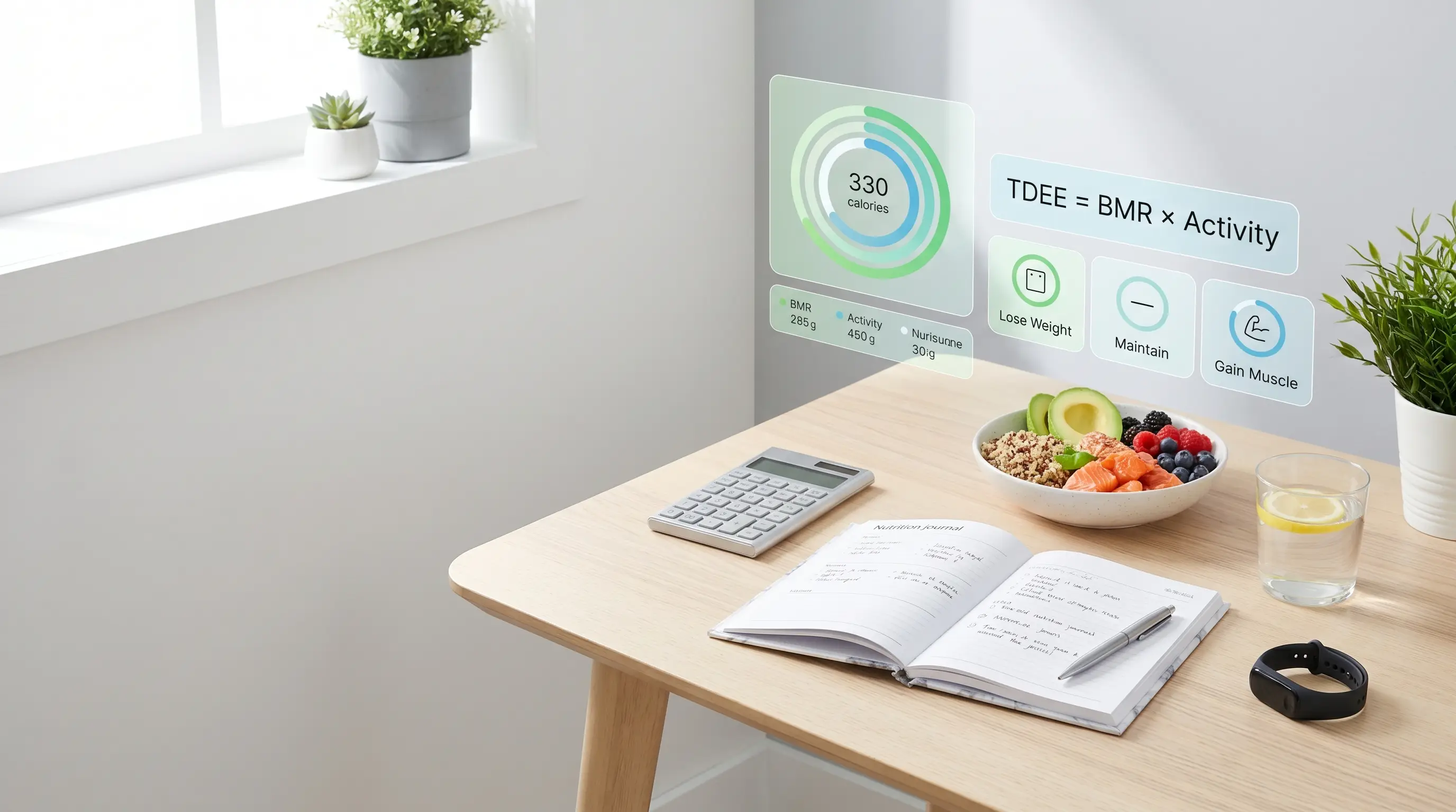 Daily calorie needs hero image with healthy meal, calculator, nutrition journal, and BMR TDEE weight management overlays