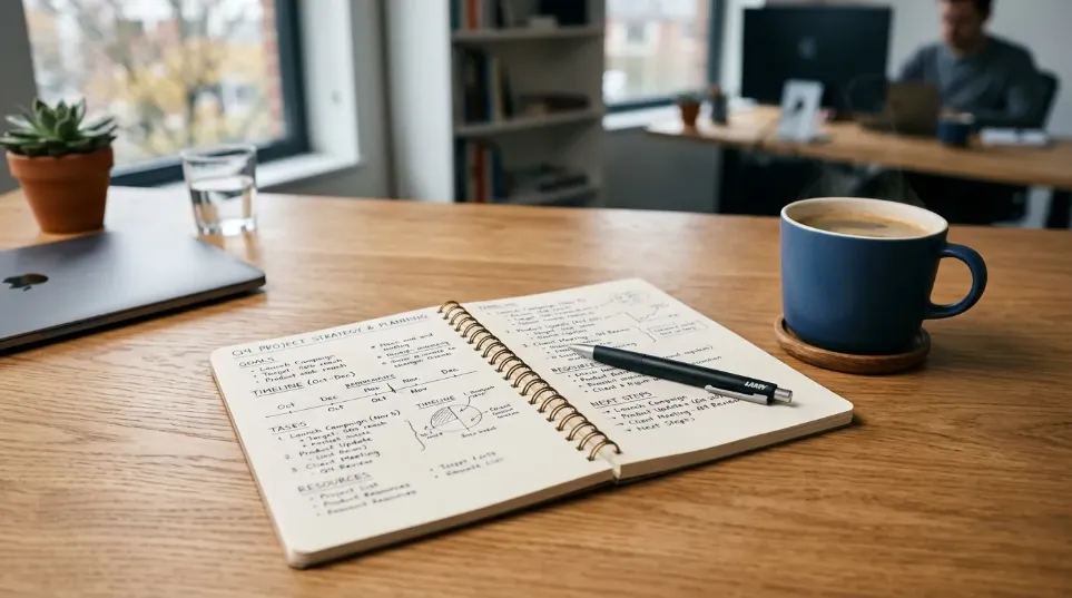 Desk with open notebook and coffee representing professional planning