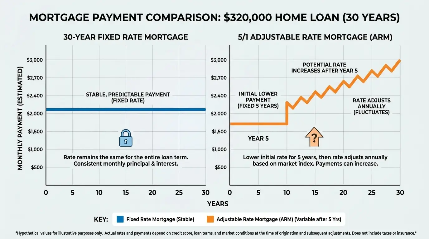 Side-by-side comparison chart showing a fixed rate mortgage as a flat stable line versus an ARM with a lower initial rate that rises after the 5-year fixed period ends, plotted over 30 years on a $320,000 home loan