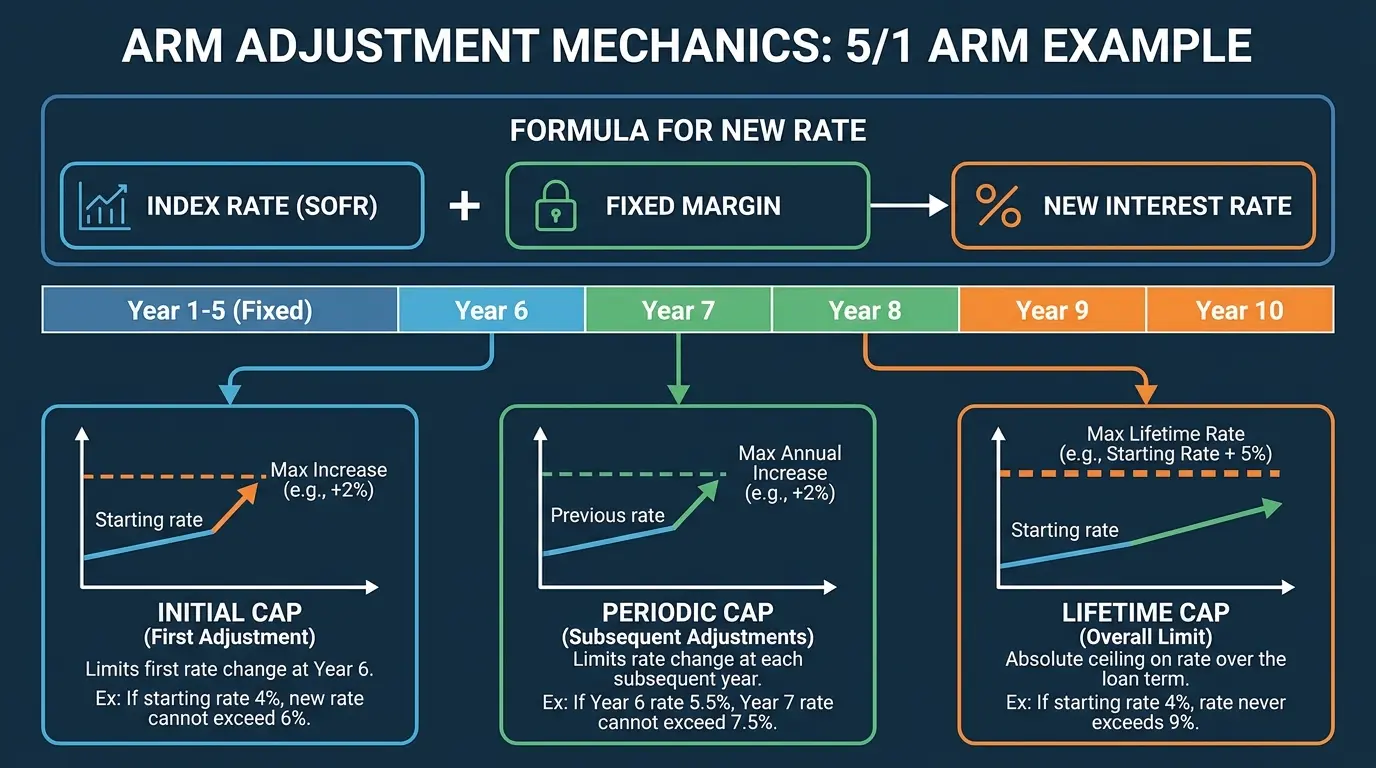 Diagram explaining ARM adjustment mechanics: index rate (SOFR) plus fixed margin equals new interest rate at each adjustment, with three cap types shown — initial cap of 2%, periodic cap of 2%, and lifetime cap of 5% above the starting rate — on a 5/1 ARM example