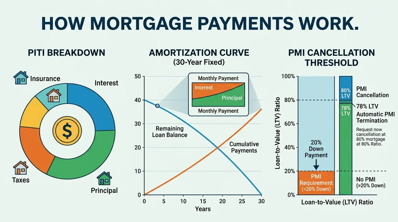 How mortgage payments work — diagram showing PITI breakdown, amortization curve, and PMI cancellation threshold