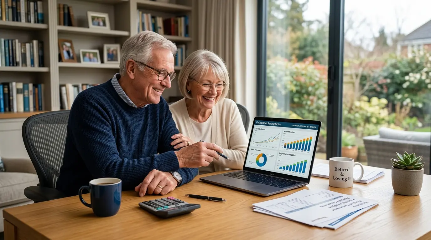 Retired couple reviewing retirement savings plan on a laptop with financial charts