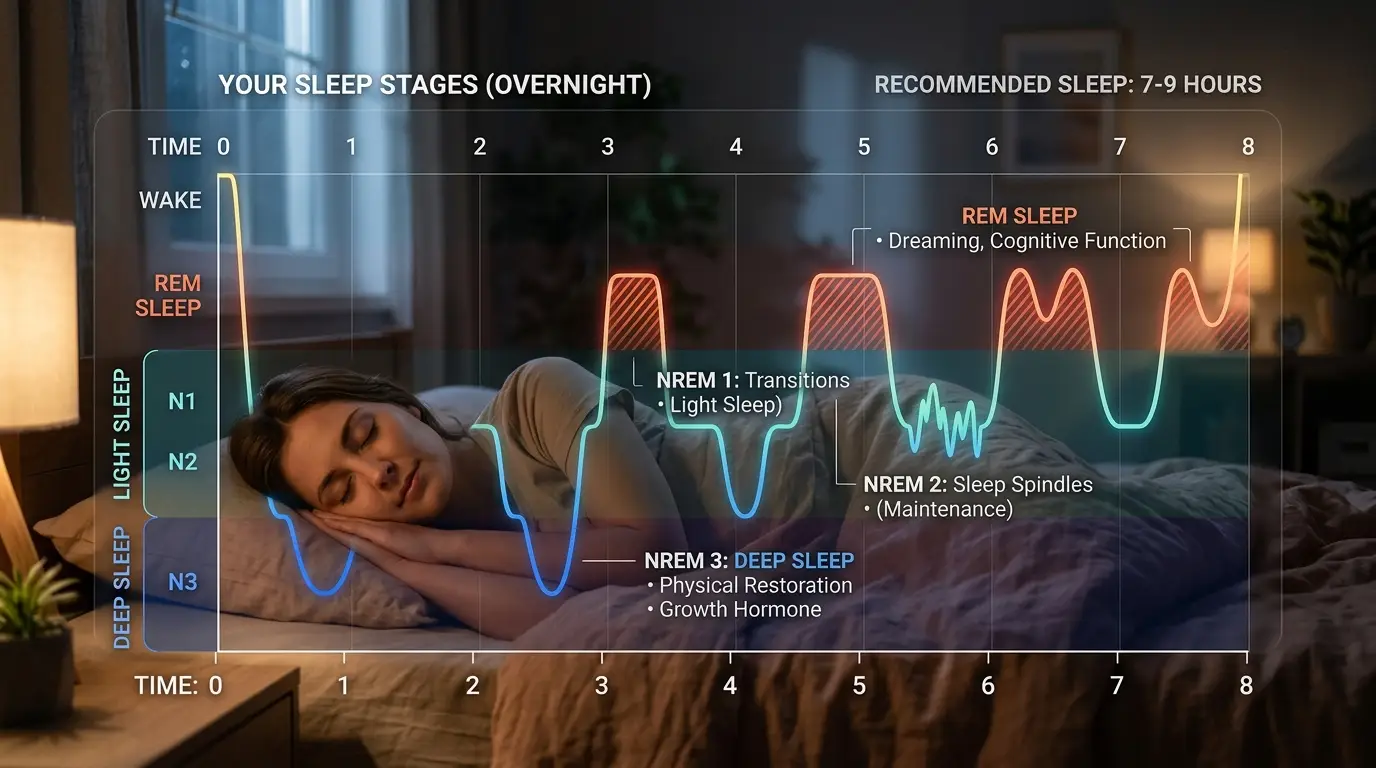 How much sleep do I need — person sleeping peacefully with sleep stage chart overlay