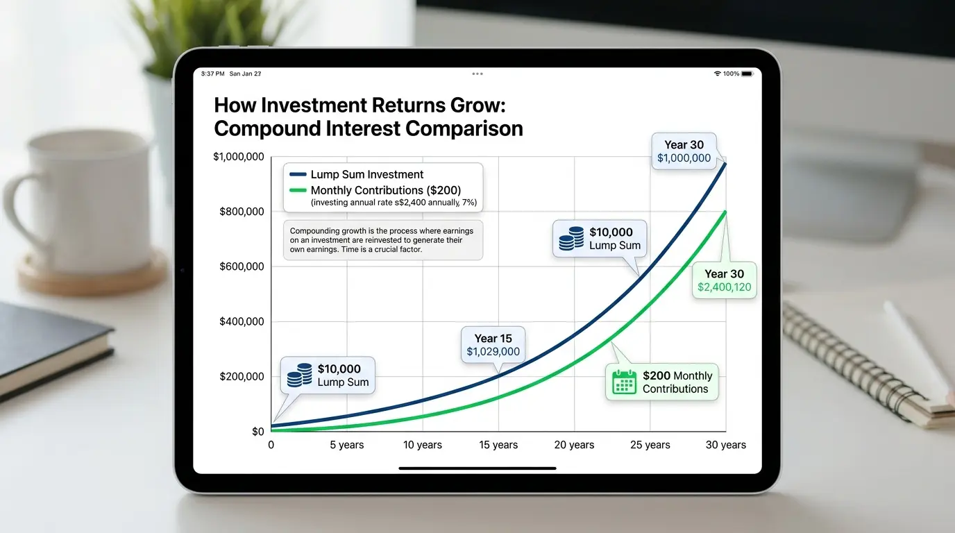 How to calculate investment returns — chart showing compound growth curve with monthly contributions and lump sum comparison