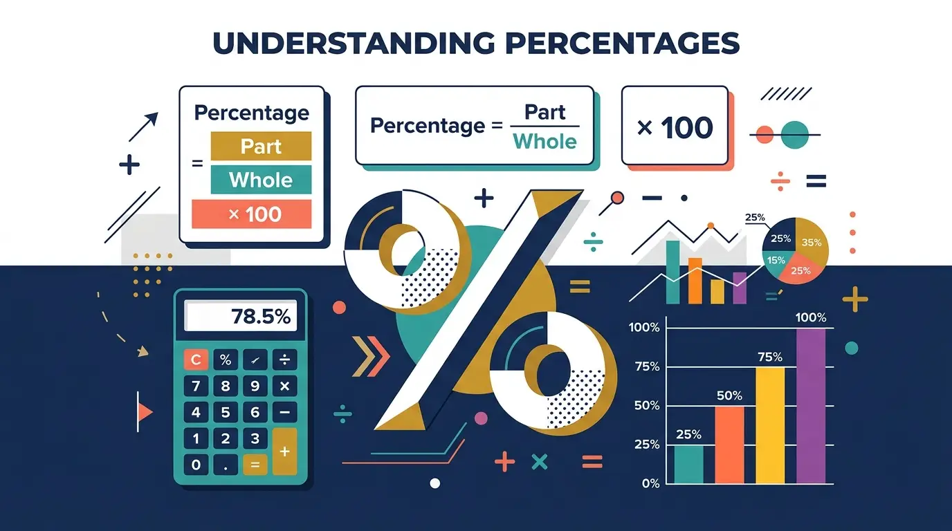 How to calculate percentage — visual guide showing the core formula Percentage = (Part ÷ Whole) × 100 alongside a calculator and bar charts