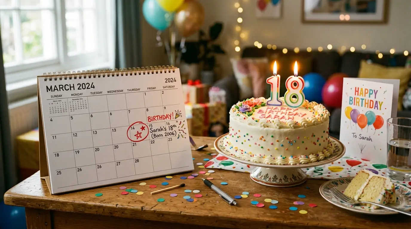 Open calendar on a desk beside a birthday cake with candles, representing age calculation and birthday milestones