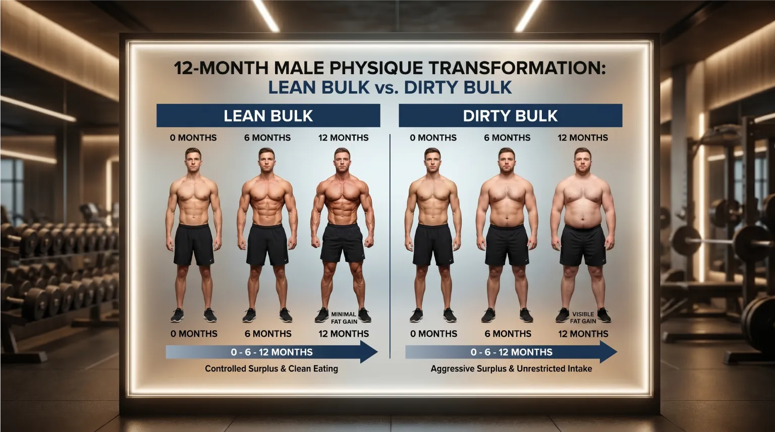 Side-by-side comparison of lean bulk vs dirty bulk physique outcomes over time