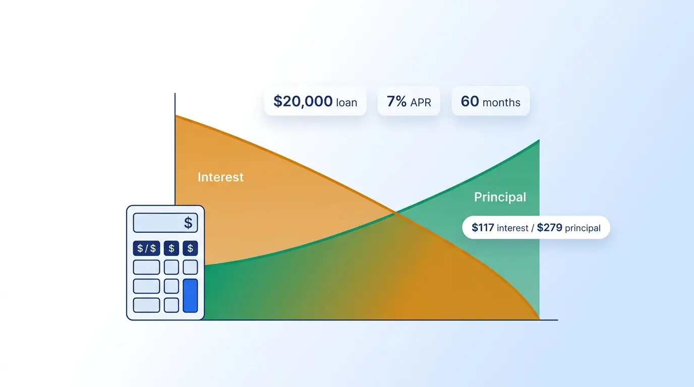 Loan interest calculator showing amortization schedule with monthly breakdown of interest versus principal payments