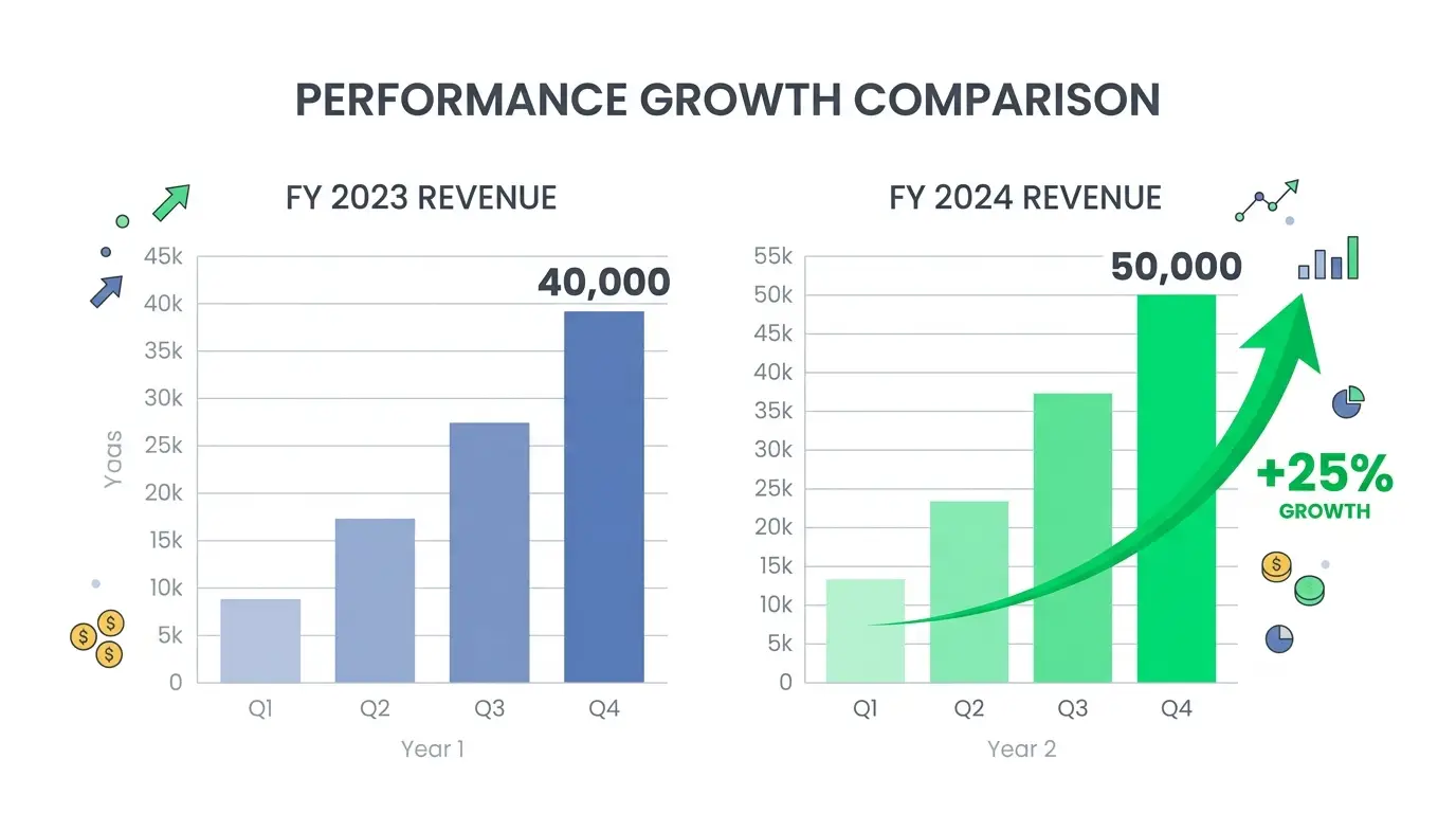 Percentage change calculation example — two bar charts showing salary increase from $40,000 to $50,000, illustrating how to calculate a 25% raise