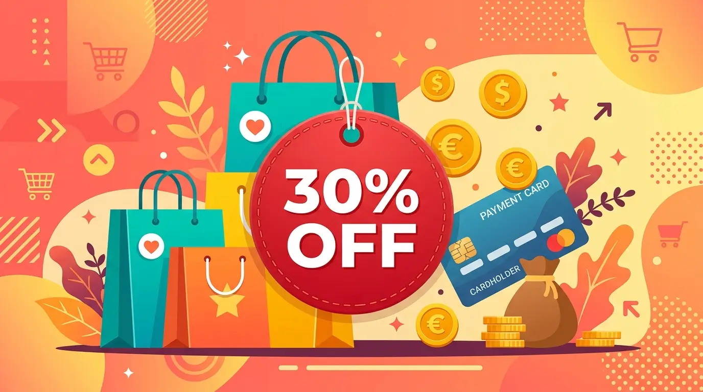 Percentage discount calculator example — 30% off price tag with shopping bags showing how to calculate discount amount and final sale price
