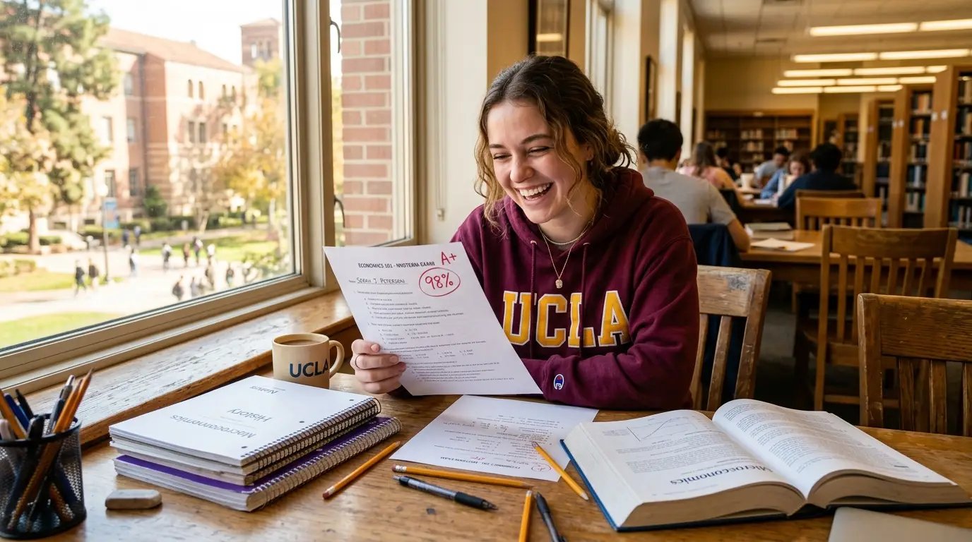 Student reviewing exam results — how to calculate percentage of marks scored, with a high grade circled on the answer sheet