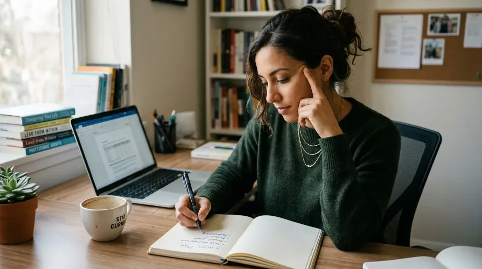 Person at a desk thoughtfully writing career notes