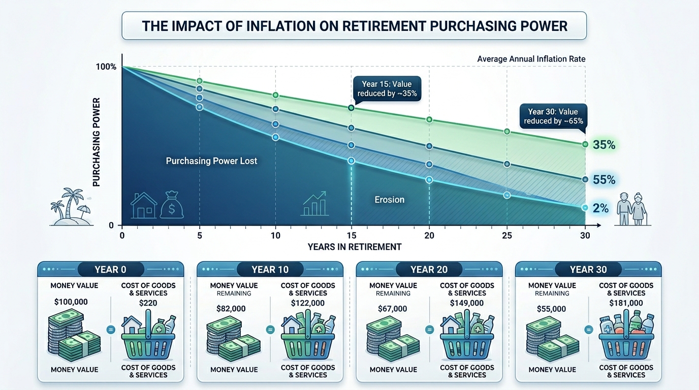 Chart showing how inflation erodes retirement purchasing power over 20-30 years