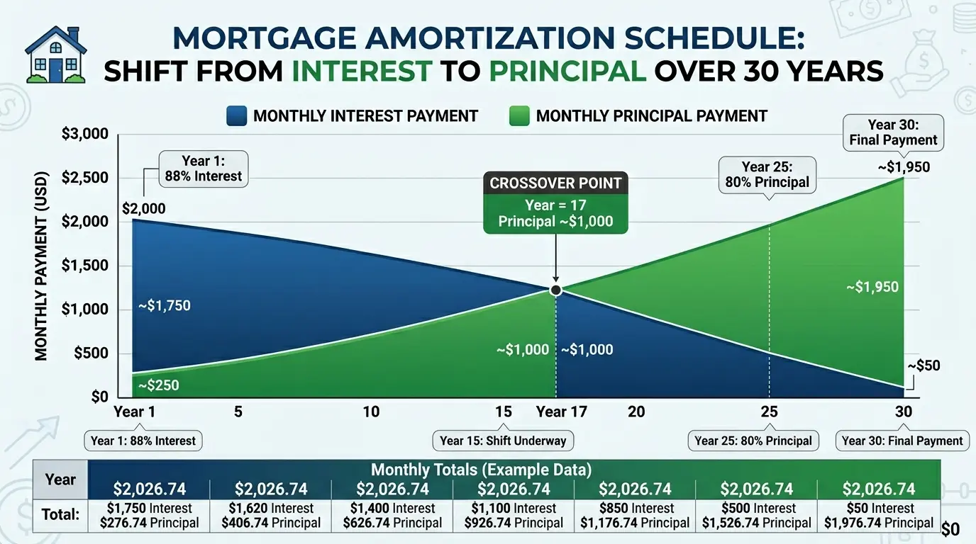 Mortgage amortization schedule showing how payments shift from mostly interest to mostly principal over 30 years