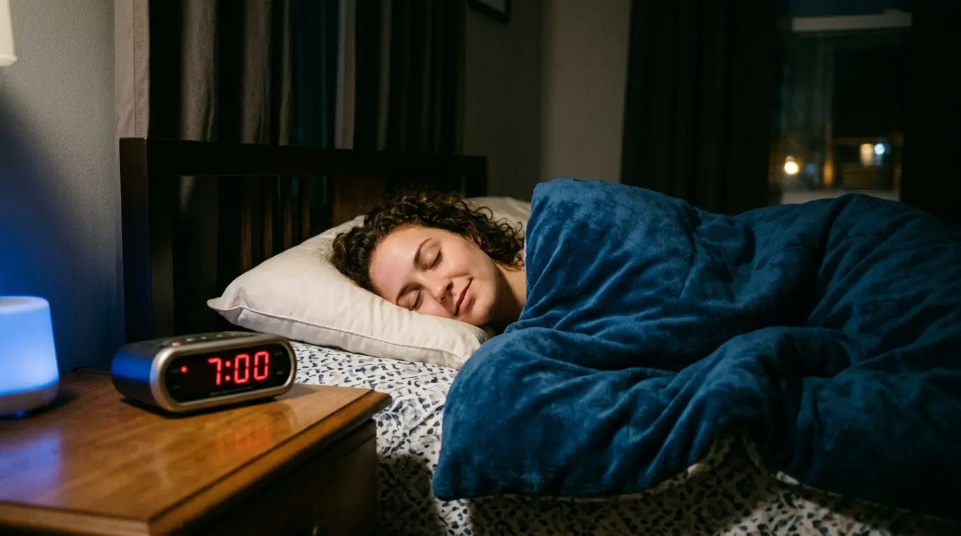 Person sleeping peacefully with an alarm clock showing the optimal cycle-aligned wake-up time